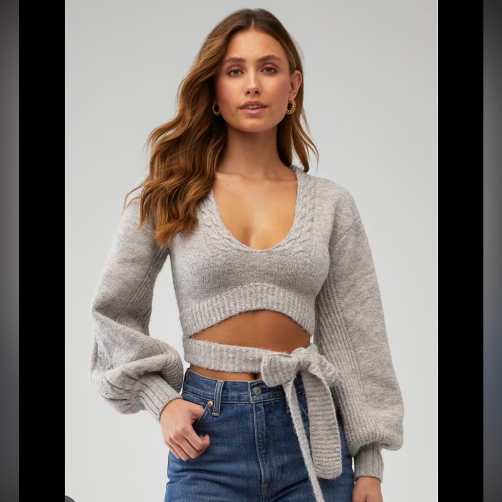 Gray Knit Crop Sweater with Tie Detail